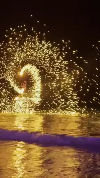A bright fire performance at night